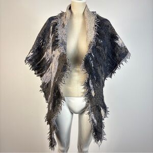 Wool Blend Abstract Brushstroke Blanket Scarf - Reversible - Blue Black Grey OS